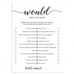 a printable sheet with the words would she rather