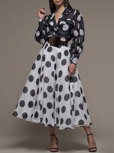 Rok Midi, Dots Outfit, Sandal Tali, Dots Clothing, White Polka Dot Skirt, Dots Fashion, Polka Dots Outfit, Polka Dots Fashion, Elegant Skirt