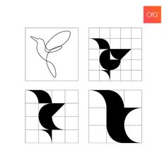 four squares with black and white designs on them, each one has an image of a bird