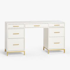 a white desk with two drawers and gold handles on the top, against a white background