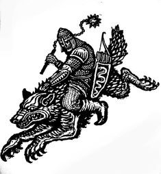 a black and white drawing of a person on a horse with an arrow in its mouth