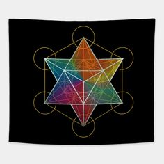 a colorful star on a black background is featured in this art print, which features lines and shapes