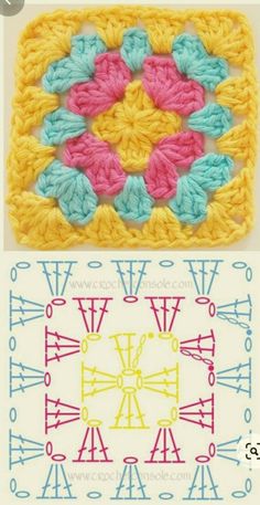 the crochet pattern is shown in pink, yellow and blue