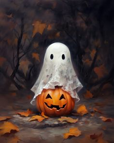 a painting of a ghost sitting on top of a pumpkin in the middle of leaves