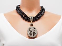 black agate women jewelry, gemstone beaded anniversary necklace, multistrand big bold pendant healing unusual necklace, gift for mom Anniversary Necklace, Agate Pendant Necklace, Agate Necklace, Black Agate