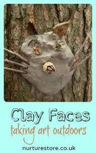 clay faces are made to look like they have been placed on the bark of a tree