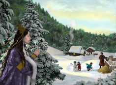 a painting of a woman standing in front of a snow covered forest with children playing