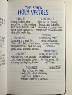 an open notebook with the seven hoy virtudes written on it and in blue ink