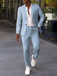 Manfinity Mode Traje De Hombre De Negocios Y Casuales De Un Solo Pecho | Moda de Mujer | SHEIN México Civil Wedding Suits Men, Light Blue Suit Men, Blue Suit Shoes, Terno Slim Fit, Stylish Mens Suits, Grey Hair Men, Brogues Men, Tea Shirt