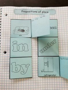 four pieces of paper with words and pictures on them that spell out prepositions of place