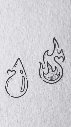 two drawings of fire and water on white paper