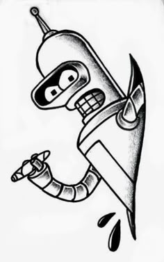 a drawing of a cartoon character in black and white