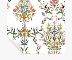 a floral wallpaper with birds and flowers on it's white backround