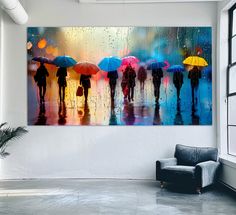 a group of people with umbrellas walking in the rain on a rainy day canvas wall art print