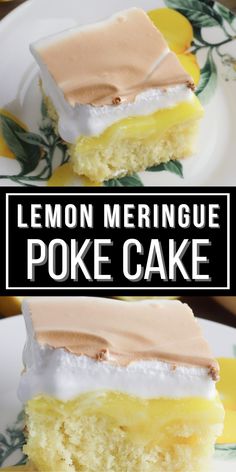 lemon meringue poke cake on a plate with the words lemon meringue poke cake above it