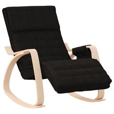 a rocking chair with black fabric and wooden frame