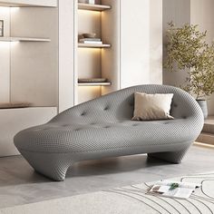 a living room with a couch and bookshelf in the corner, next to a book shelf