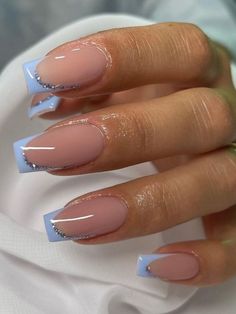 light blue french tips with glitter square nails Blue Acrylic Nails, Nail Stuff, Blue Nail, Nail Swag