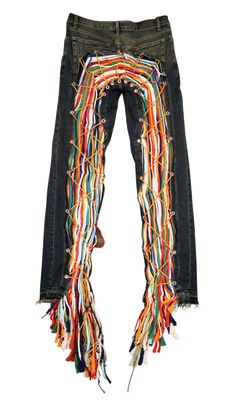 Stretched Slim Fit Denim Yarn Pants Jeans, Bejeweled Clothes, Jean Custom, Rainbow Jeans, Custom Jeans Diy, Unique Sewing Patterns, Crazy Pants, Fringe Pants, Cool Pants