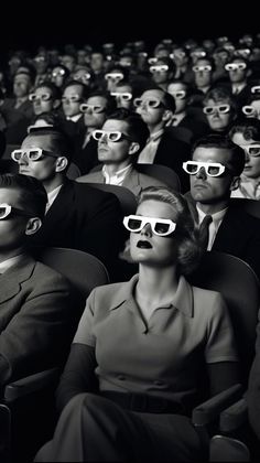 people wearing 3d glasses in front of an audience at a movie theater, watching the film