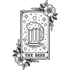 a black and white drawing of a beer mug with the words the beer on it