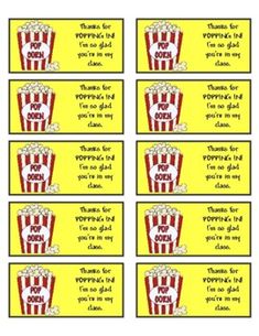 popcorn themed gift tags with the words, thank you for watching movies and eating popcorn