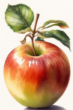 an apple with green leaves on it is shown in this drawing by watercolors