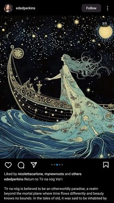 an image of a woman in a boat on the water with stars and moon above her