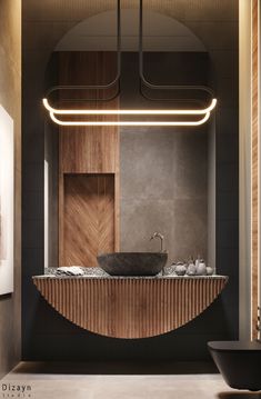 a modern bathroom with an oval sink and wood paneling