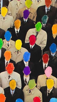 a group of people with different colored hats on their heads, all wearing suits and ties