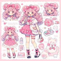 an anime character with pink hair and various other things in her hand, including a teddy bear