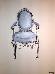 a drawing of a blue chair against a white wall