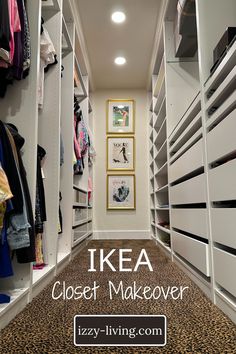 a walk in closet with clothes hanging on the walls