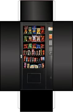 a vending machine that is black and has many different types of food in it