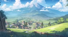 an anime landscape with houses and mountains in the background