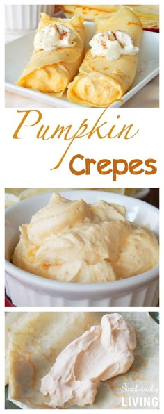 pumpkin crepes with whipped cream in a white bowl