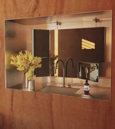 a mirror reflecting a kitchen sink with a vase of flowers on the counter and a mirror above it