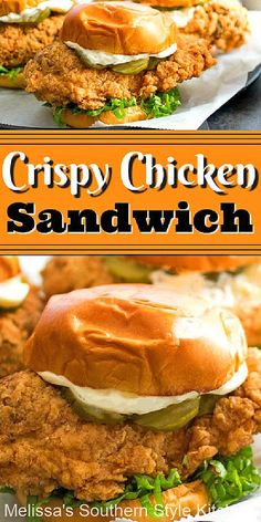 crispy chicken sandwich with pickles and mayonnaise on the side is shown