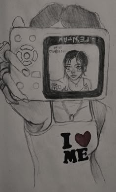 a drawing of a person holding up a camera with the words i love me on it