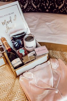 an open box containing personal care items on a bed