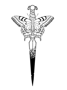 a black and white drawing of a butterfly on a dagger