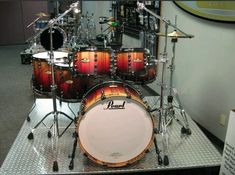 a drum set on display in a room