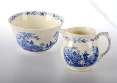 two blue and white porcelain cups sitting next to each other