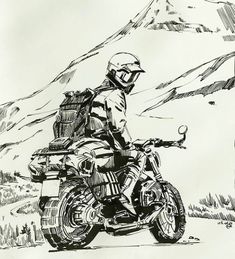 a black and white drawing of a person on a motorcycle with mountains in the background