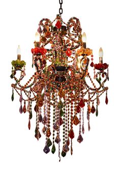 a chandelier hanging from a chain with many beads and jewels on it's sides