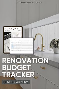 the renovation budget tracker is displayed in front of a kitchen counter