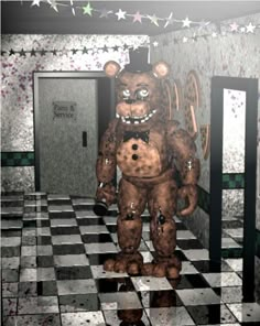 a large teddy bear standing in front of two mirrors on a checkered tile floor