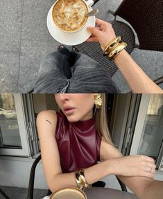 two pictures of a woman sitting at a table with a cup of coffee in her hand