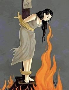 a painting of a woman holding a cross on fire