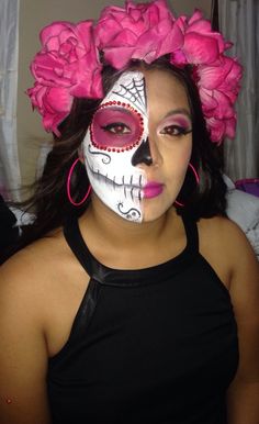 Sugar Skull Fancy Dress, Sugar Skull Face Paint For Women, Half Face Catrina Makeup, Pink Sugar Skull Makeup, Sugar Skull Makeup Half Face, Candy Skull Face Paint, Skull Candy Makeup, Half Sugar Skull Makeup, Folklorico Makeup